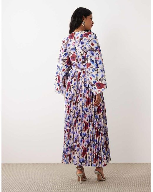 Iyal Purple Long Sleeve Pleated Detail Kaftan Dress