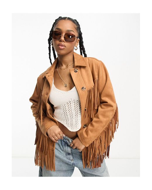 Miss Selfridge Brown Western Suedette Fringe Longline Jacket