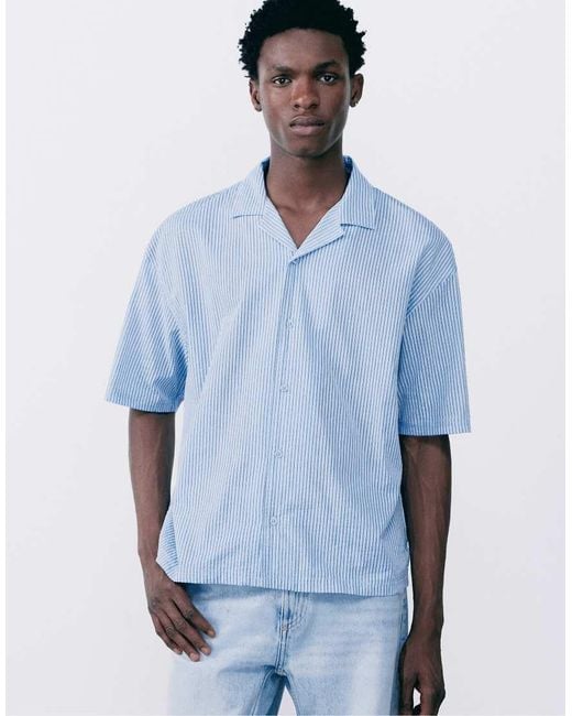 Pull&Bear Blue Striped Short Sleeve Shirt for men