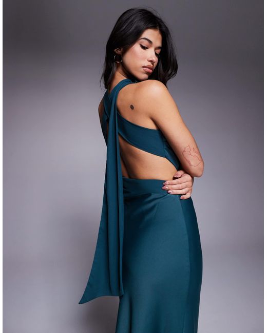 ASOS Blue One Shoulder Satin Midi Dress With Neck Sash