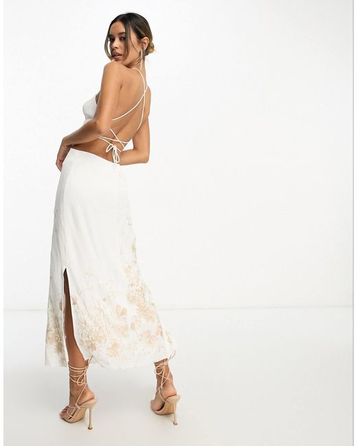 ASOS White Satin Halter Floral Embroidered Midi Dress With Cut Out Back