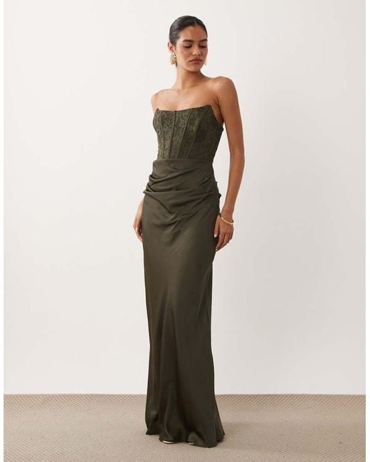 Forever New Natural Satin Lace Corset Draped Detail Maxi Dress