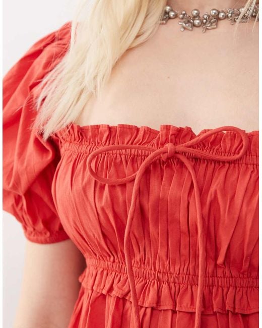 Collusion Red Puff Sleeve Milkmaid Mini Dress