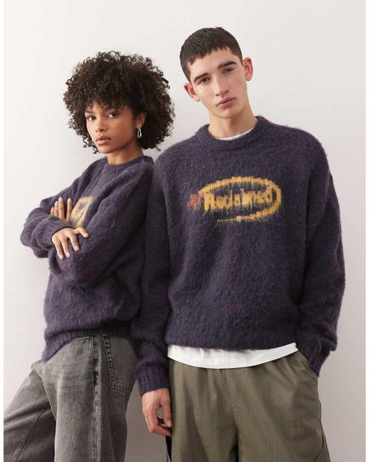 Reclaimed Vintage Blue Boxy Crew Neck Brushed Knitted Jumper With Logo