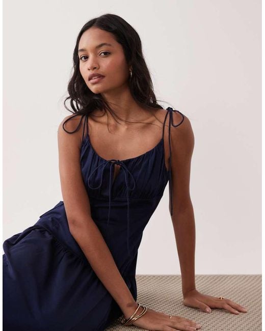 ASOS Blue Structured Cotton Sateen Tie Bust Dropped Waist Midaxi Sundress