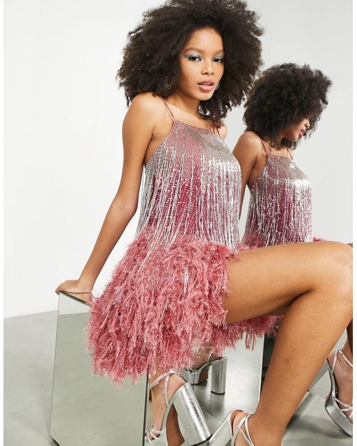 ASOS Pink Beaded Fringe Cami Mini Dress With Faux Feather Hem