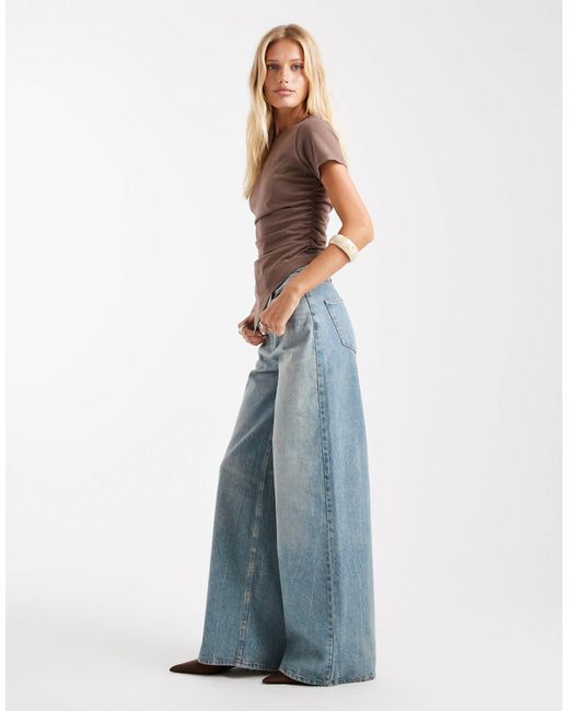 ASOS Blue High Waisted Wide Leg Jeans With Cinch