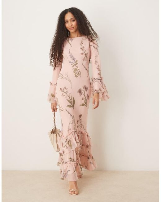 ASOS Pink Tiered Ruffle Long Sleeve Chiffon Maxi