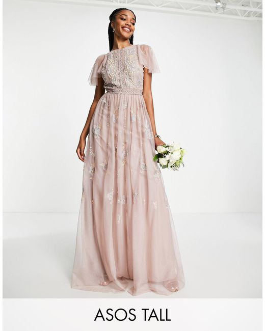 Asos Asos Design Tall Bridesmaid Pearl Embellished Flutter Sleeve Maxi Dress With Floral 5891