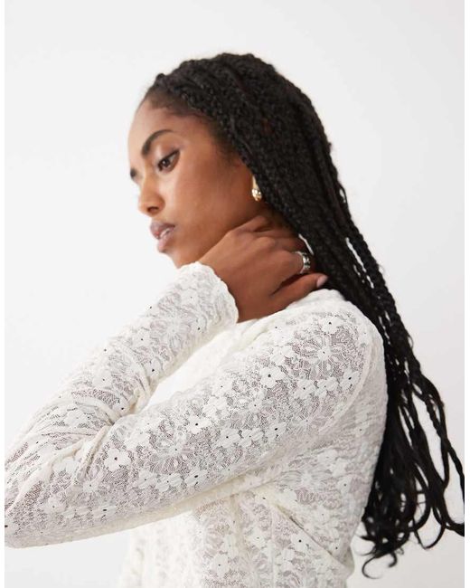 Vila White Long Sleeve Floral Detail Mesh Top