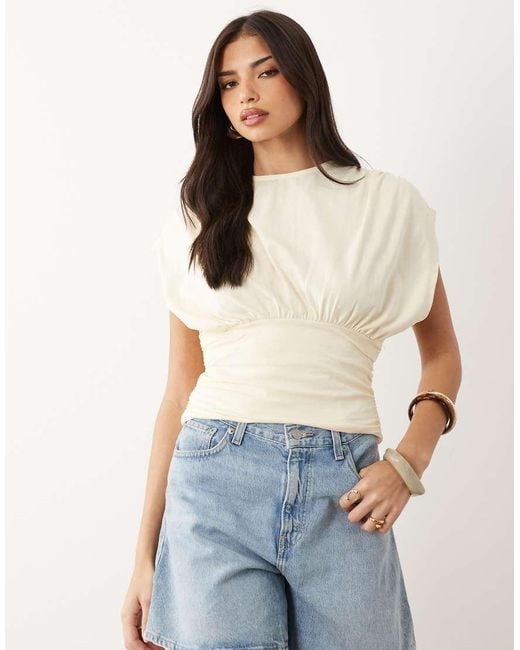ASOS Natural Gathered Sleeve Cinched Waist Top