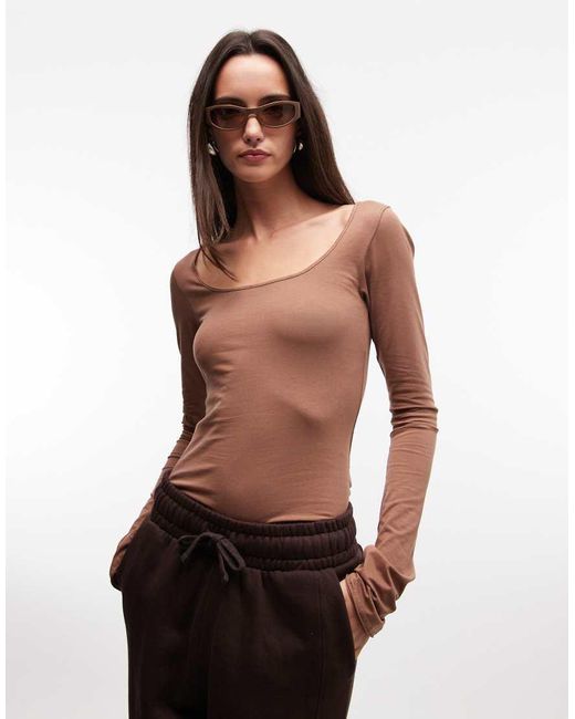 Monki Brown Long Sleeve Slim Fit Scoop Neck T-Shirt