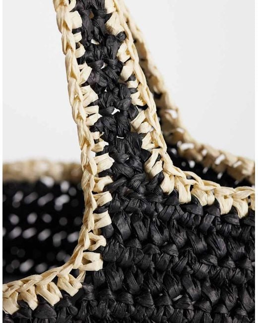 Pieces Black Woven Straw Beach Bag