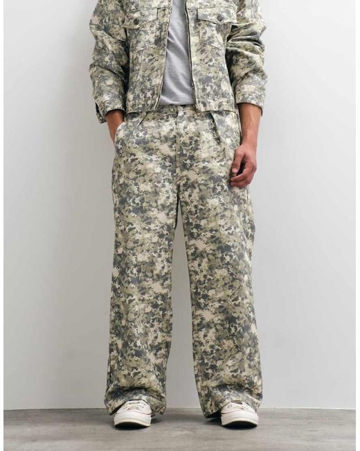 Prohibited White Loose Fit Pleat Front Camo Jeans Co-ord for men