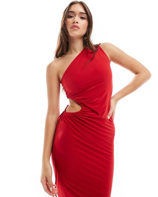 Style Cheat Red Slinky One Shoulder Maxi Dress With Side Cut Out