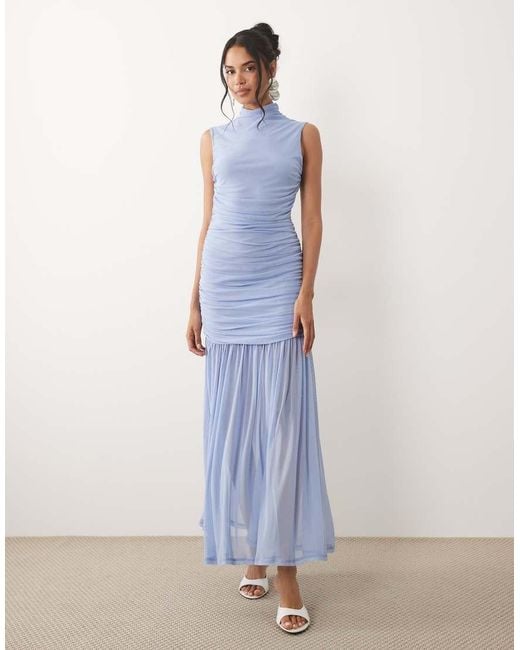 ASOS Blue Ruched Drop Waist Circle Dress With Grown