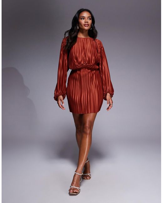 ASOS Red Plisse Blouson Sleeve And Waist Mini Dress