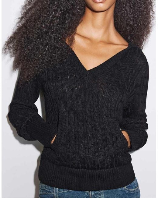 Stradivarius Blue Hooded Cable-Knit Jumper