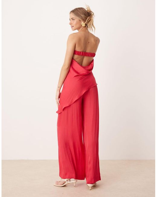 ASOS Red Bandeau Satin Asym Overlay Detail Jumpsuit