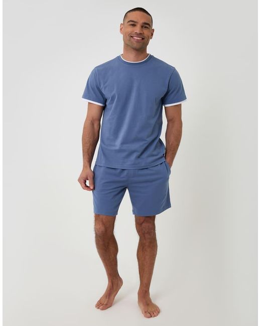 Threadbare Blue Cotton Mock Layer Short Pyjama Set for men