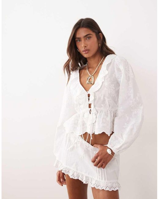 Mango White Embroidered Tie Front Blouse With Ruffles