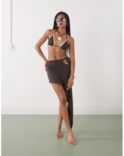 Lioness Brown Moss Tie Side Asymmetric Beach Skirt Co-ord
