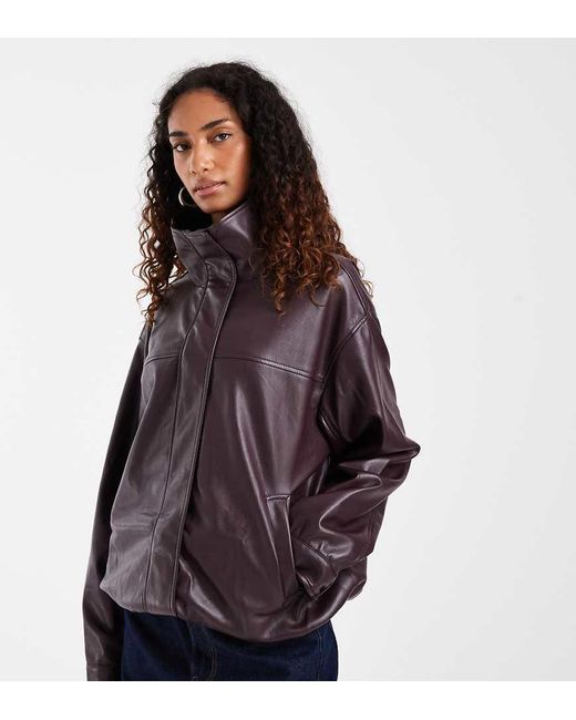 ASOS Brown Asos Design Tall Clean Leather Look Funnel Track Bomber Jacket