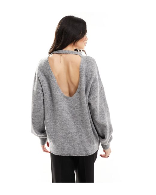 ASOS Gray Slash Neck Jumper With Cut Out Back