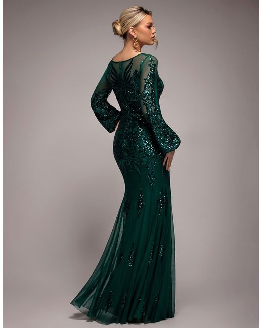 Goddiva Green Embellished Sequin Bishop Sleeve Maxi Dress