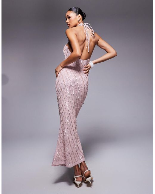 ASOS Purple Crochet Cross Front Maxi Dress With Sequin And Pearl Embellishment