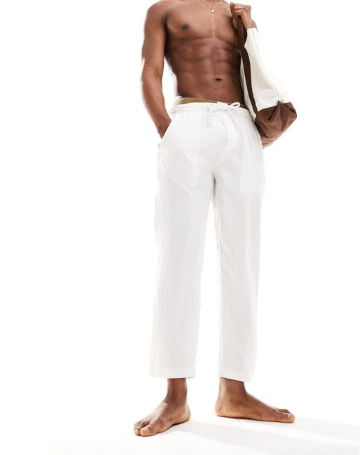 Pull&Bear White 100% Linen Trouser for men