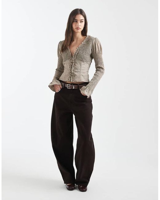 Daisy Street Natural Ruffle Shirred Fitted Long Sleeve Shirt