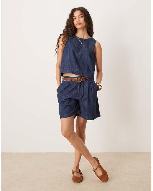 Mango Blue Cotton Tailored Longline Denim Short Co-ord With Dart Detailing