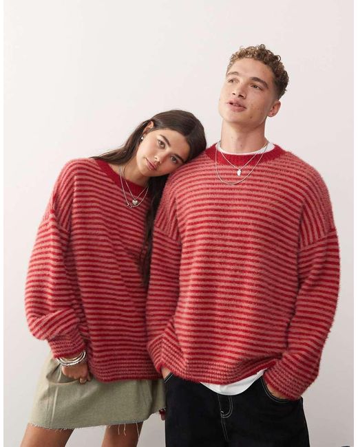 Collusion Red Unisex Fluffy Striped Crew Neck Jumper