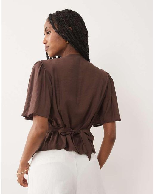 Threadbare Brown V-neck Blouse With Contrast Buttons
