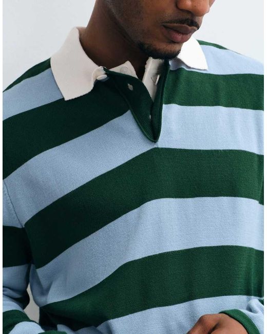 ASOS Green Relaxed Knitted Long Sleeve Striped Rugby Polo for men