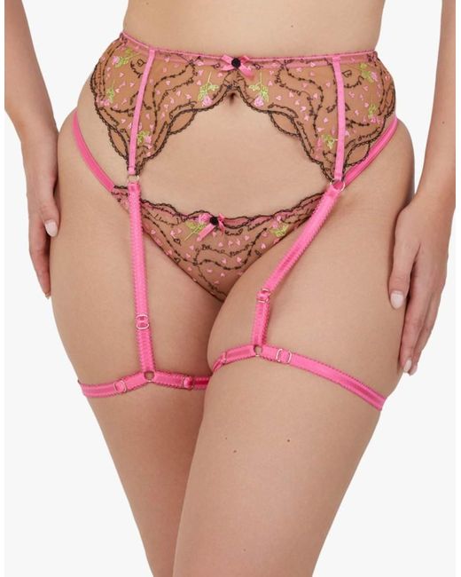 Playful Promises Pink Spank Me & Nude Custom Embroidery Suspender Belt