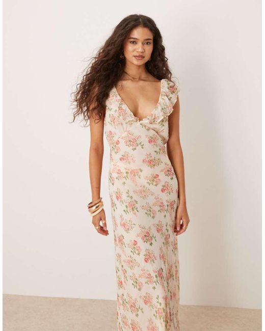 Vestido Semilargo Con Estampado Floral, Detalle De Volante Y Cuello De Pico De -Neutro Mango de color Natural
