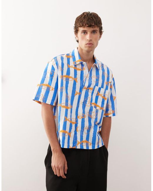 Reclaimed (vintage) Gestreept Overhemd Met Korte Mouwen, Rechte Pasvorm En Print Van Vissen in het Blue voor heren
