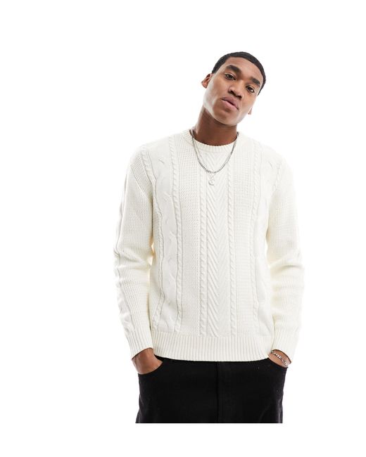 Hollister White Heavyweight Cable Knit Crew Jumper Relaxed Fit for men
