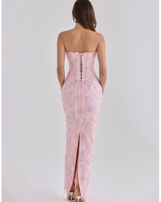 House Of Cb Pink Anisa Hand Beaded Embellished Strapless Maxi Dress