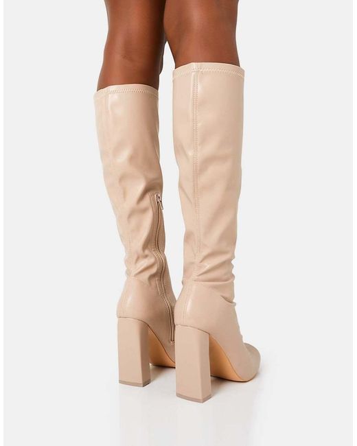 Public Desire Natural Christina Pu Pointed Toe Block Heel Knee High Boots