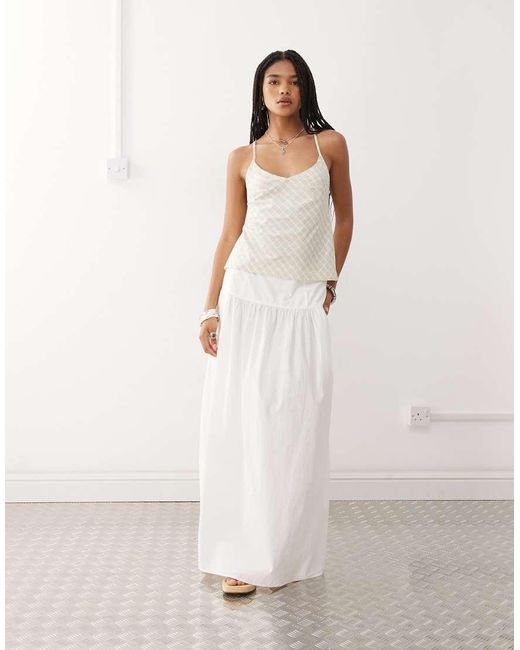Monki Natural Floaty Poplin Maxi Skirt With Drop Waist Detail