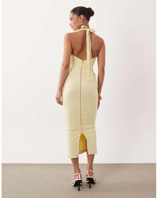 Vesper Petite Natural Bengaline Scoop Halterneck Tie Detail Midi Dress