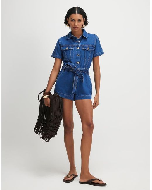 River Island Blue Denim Short Sleeve Playsuit
