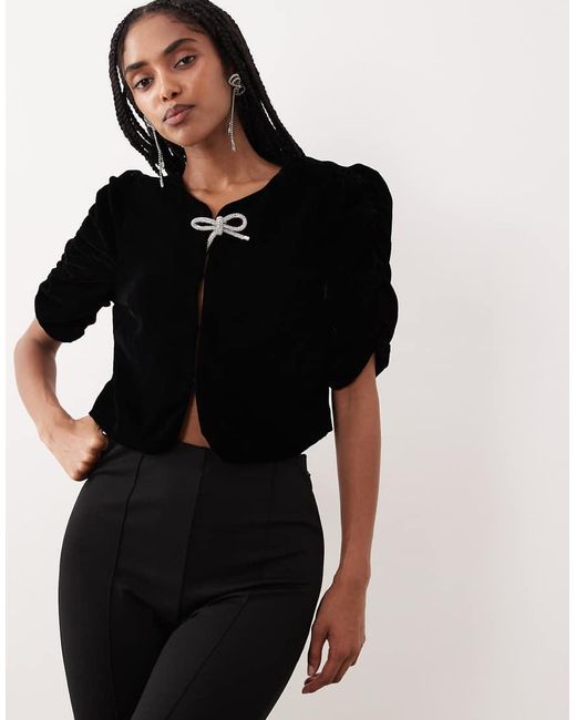 Gina Tricot Black Short Sleeve Velvet Velour Blouse With Silver Dimonte Bows