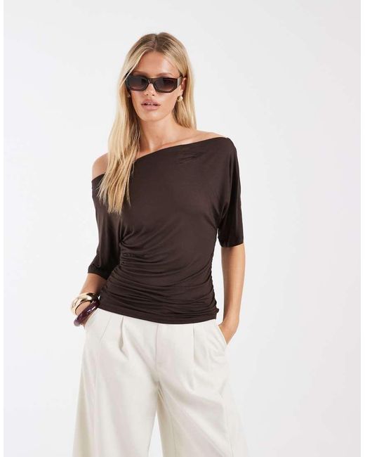 Noisy May Brown Boatneck Top With Ruched Detail