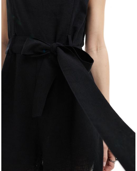 Monki Black Beach Linen Sleeveless Playsuit With Tie Belt Detail