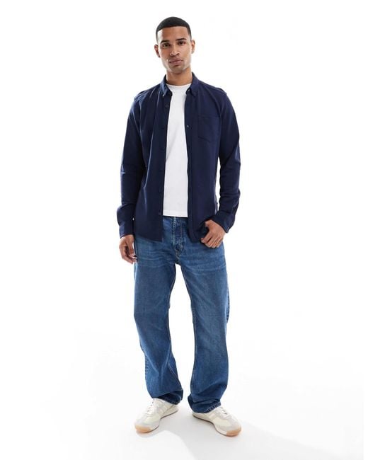 Threadbare Blue Cotton Mix Long Sleeve Pique Shirt for men