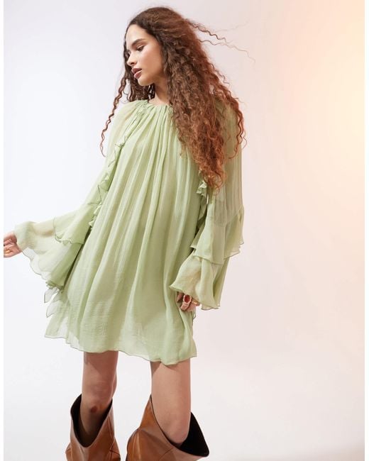 Mango Ruffle And Pleat Front Woven Mini Dress in Green | Lyst
